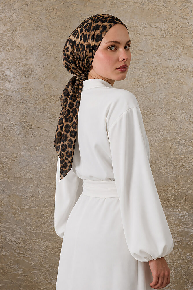 Bej Leopar Desen Tak & Çık Soft Eşarp Bone - 2