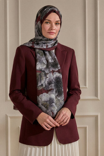 Bordo Çiçek Bahçesi Desenli Organik Şal