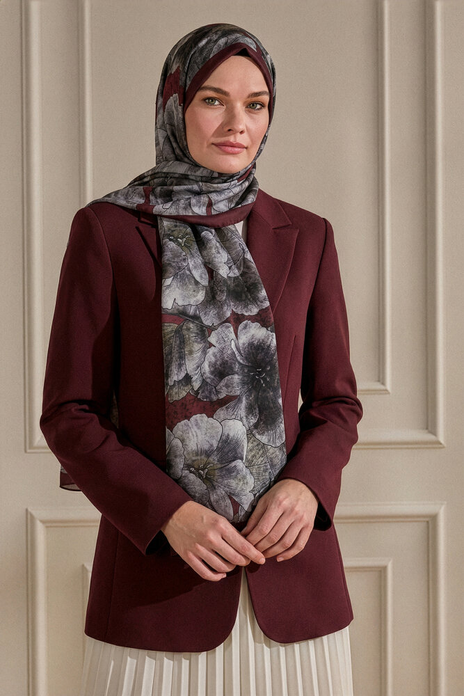 Bordo Çiçek Bahçesi Desenli Organik Şal - 1