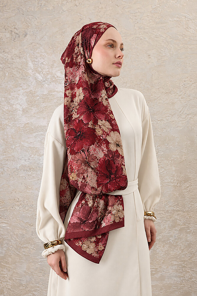Bordo Çiçek Desen Kraş Şal - 1