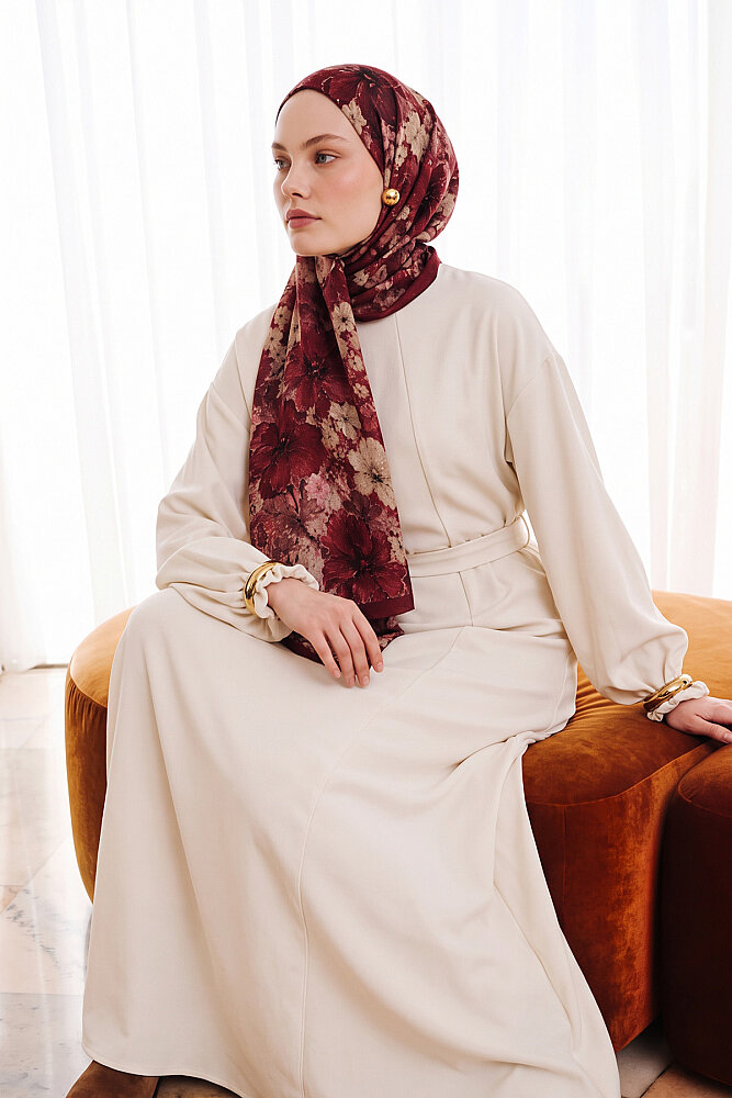 Bordo Çiçek Desen Kraş Şal - 2