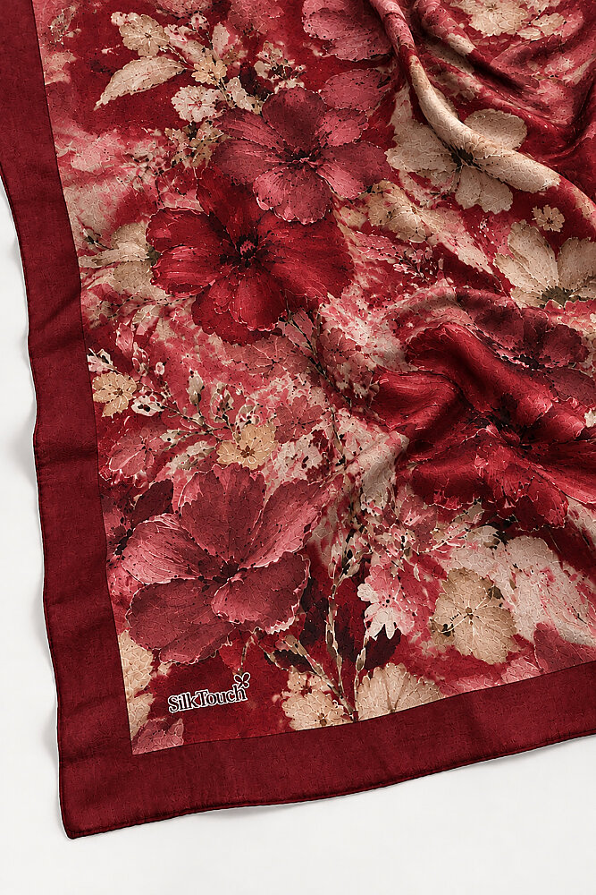 Bordo Çiçek Desen Kraş Şal - 4
