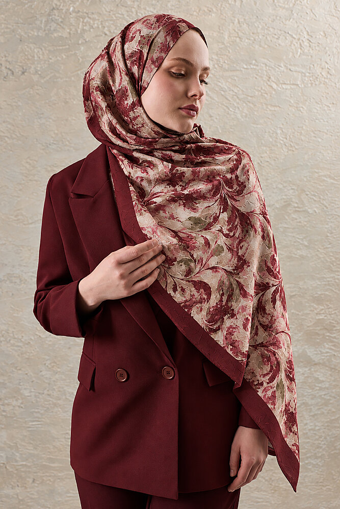Bordo Fresk Desen Kraş Şal - 1