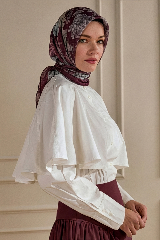 Bordo Gece Çiçeği Desenli Müslin Eşarp - 1