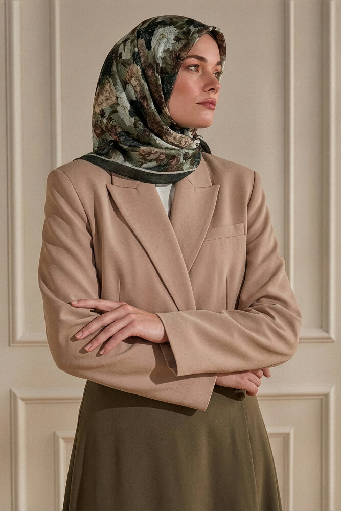 Haki Gece Çiçeği Desenli Müslin Eşarp - 1