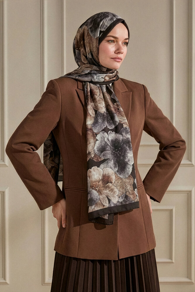 Kahve Çiçek Bahçesi Desenli Organik Şal - 1