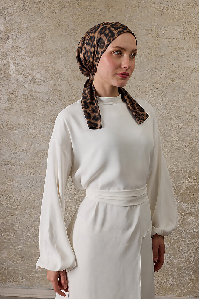 Kahve Leopar Desen Tak & Çık Soft Eşarp Bone - 1
