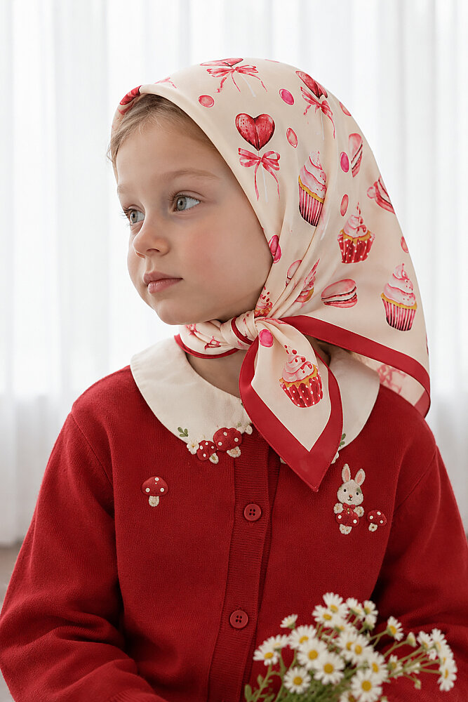 Kız Çocuk Cupcake Aşkı Desenli Kırmızı Soft Eşarp 80*80 cm - 3