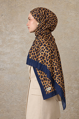 Lacivert Bej Leopar Desen Kraş Şal