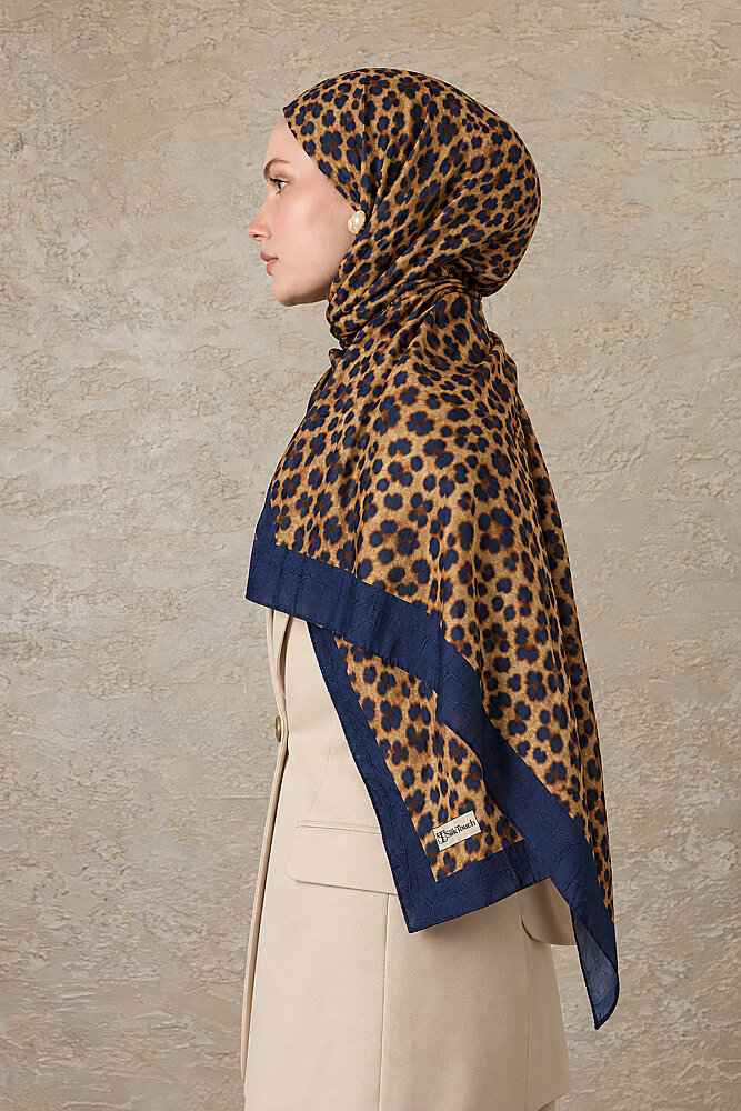 Lacivert Bej Leopar Desen Kraş Şal - 1