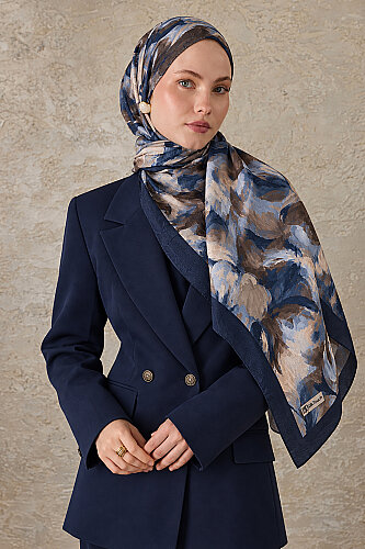 Lacivert Canvas Desen Kraş Şal 