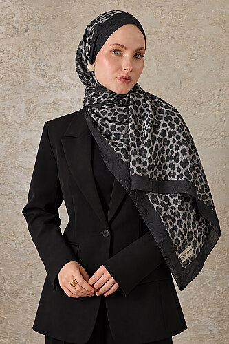 Siyah Gri Leopar Desen Kraş Şal
