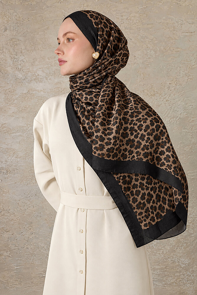 Siyah Kahve Leopar Desen Kraş Şal - 1